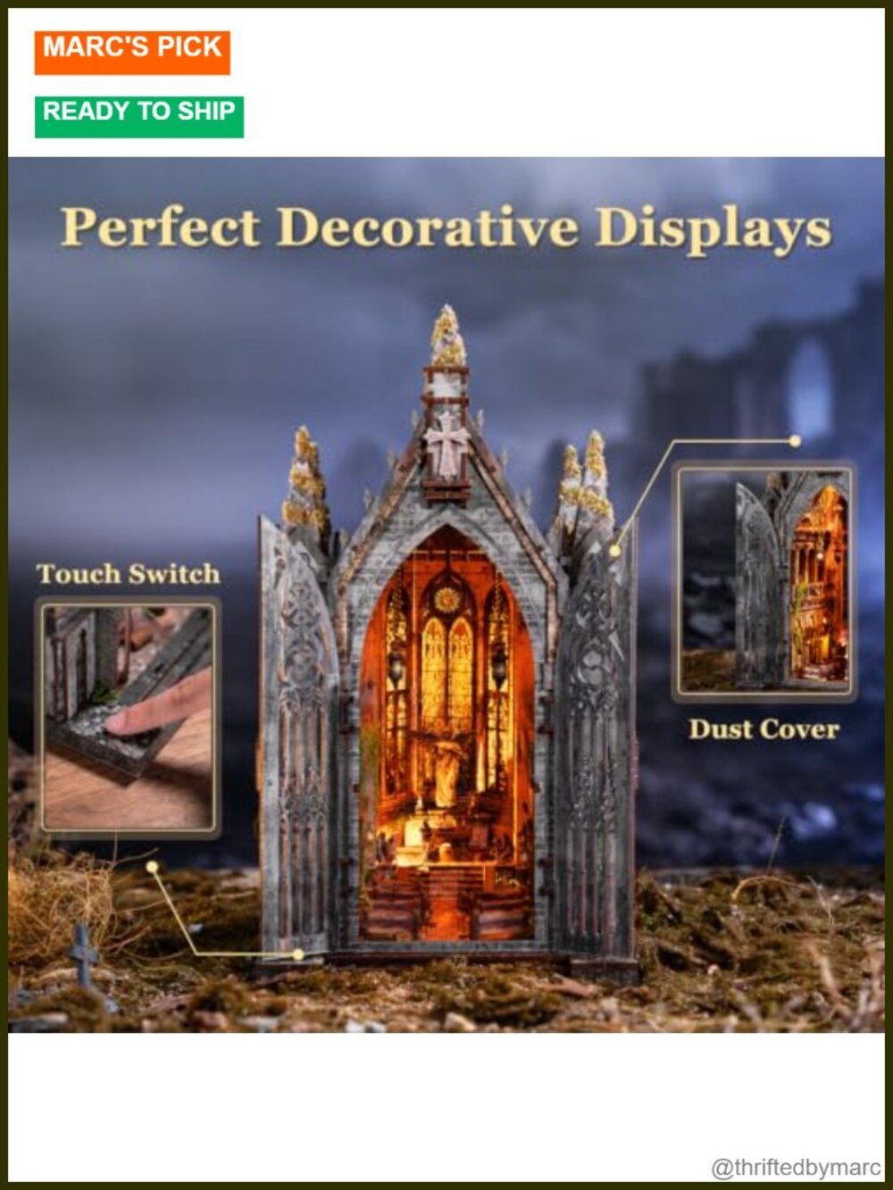 DIY Book Nook Kit - Abandoned Gothic Church Miniature Dollhouse with LED Lights View 4